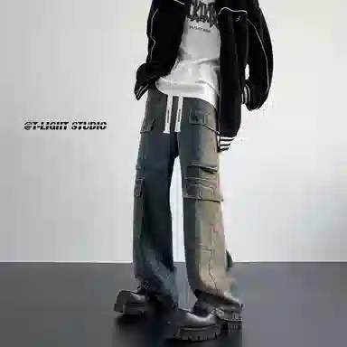 大卫贝肯 美式高街重工水洗复古做旧中腰系带宽松阔腿百搭多口袋工装裤 牛仔裤 男女同款