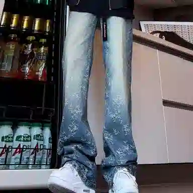 大卫贝肯  提花荆棘美式高街直筒微喇牛仔裤 男女同款