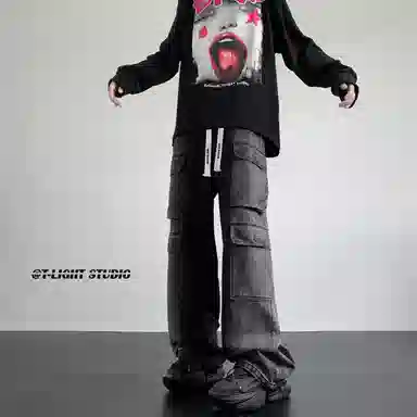 大卫贝肯 美式高街重工水洗复古做旧中腰系带宽松阔腿百搭多口袋工装裤 牛仔裤 男女同款