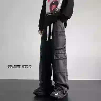 大卫贝肯 美式高街重工水洗复古做旧中腰系带宽松阔腿百搭多口袋工装裤 牛仔裤 男女同款