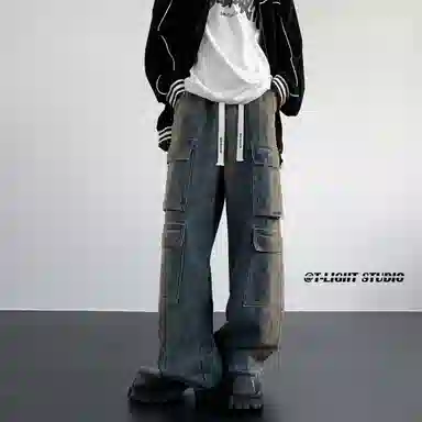 大卫贝肯 美式高街重工水洗复古做旧中腰系带宽松阔腿百搭多口袋工装裤 牛仔裤 男女同款