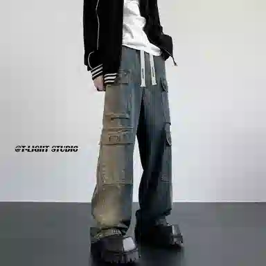 大卫贝肯 美式高街重工水洗复古做旧中腰系带宽松阔腿百搭多口袋工装裤 牛仔裤 男女同款