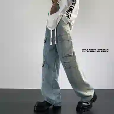 大卫贝肯 美式高街重工水洗复古做旧中腰系带宽松阔腿百搭多口袋工装裤 牛仔裤 男女同款