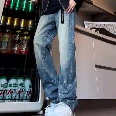 大卫贝肯  提花荆棘美式高街直筒微喇牛仔裤 男女同款