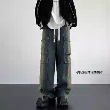 大卫贝肯 美式高街重工水洗复古做旧中腰系带宽松阔腿百搭多口袋工装裤 牛仔裤 男女同款