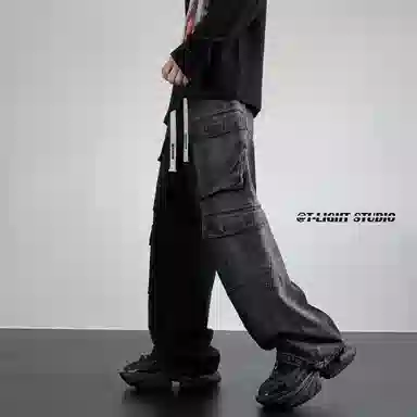 大卫贝肯 美式高街重工水洗复古做旧中腰系带宽松阔腿百搭多口袋工装裤 牛仔裤 男女同款