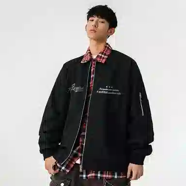 快鱼 美式高街潮流签名字体字母品牌假两件格子时尚百搭复古个性经典休闲户外宽松舒适翻领长袖夹克外套 男女同款