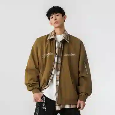 快鱼 美式高街潮流签名字体字母品牌假两件格子时尚百搭复古个性经典休闲户外宽松舒适翻领长袖夹克外套 男女同款