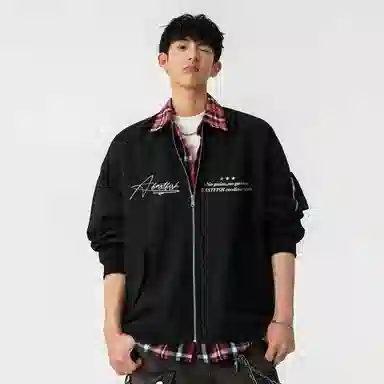 快鱼 美式高街潮流签名字体字母品牌假两件格子时尚百搭复古个性经典休闲户外宽松舒适翻领长袖夹克外套 男女同款