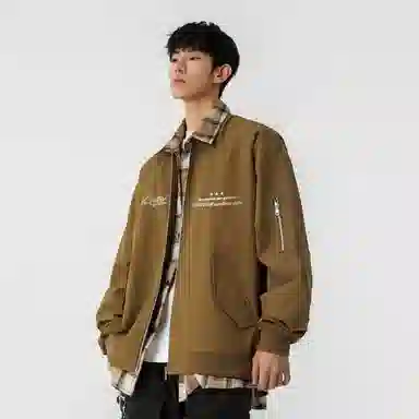 快鱼 美式高街潮流签名字体字母品牌假两件格子时尚百搭复古个性经典休闲户外宽松舒适翻领长袖夹克外套 男女同款