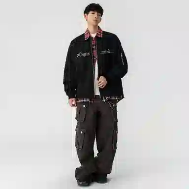 快鱼 美式高街潮流签名字体字母品牌假两件格子时尚百搭复古个性经典休闲户外宽松舒适翻领长袖夹克外套 男女同款