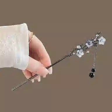 贯古今 水墨立体花朵高级感步摇流苏盘发发钗新中式簪子 合金 发簪 女款