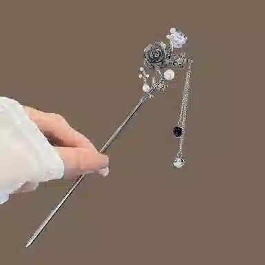 贯古今 水墨立体花朵高级感步摇流苏盘发发钗新中式簪子 合金 发簪 女款