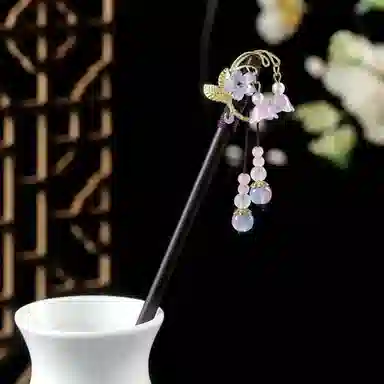 贯古今 甜美桃花流苏中式步摇古风旗袍汉服盘发发饰 木制 发簪 女款