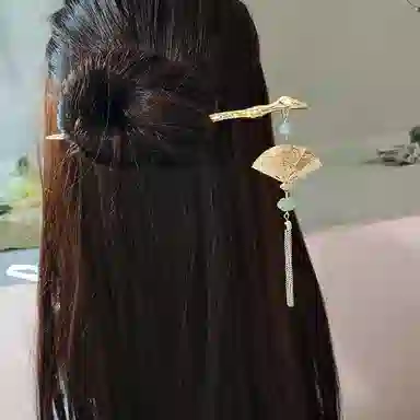 贯古今 可折叠扇子流苏小众设计步摇旗袍汉服盘发头饰发钗 合金 发簪 女款