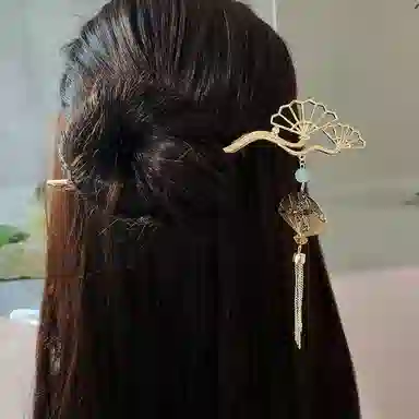 贯古今 可折叠扇子流苏小众设计步摇旗袍汉服盘发头饰发钗 合金 发簪 女款