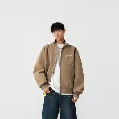 大卫贝肯 美式高街简约字母印花机车风美拉德色系高级感宽松休闲百搭立领皮夹克外套 男女同款