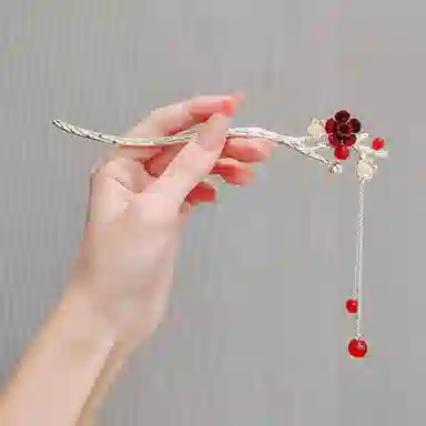 贯古今 植绒花朵 流苏新中式国潮盘发发钗复古高级感气质发饰 合金 发簪 女款