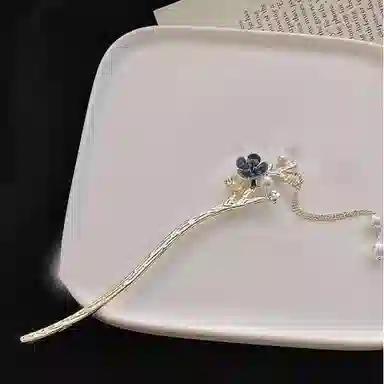 贯古今 植绒花朵 流苏新中式国潮盘发发钗复古高级感气质发饰 合金 发簪 女款