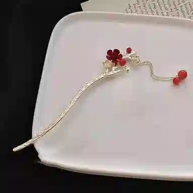 贯古今 植绒花朵 流苏新中式国潮盘发发钗复古高级感气质发饰 合金 发簪 女款