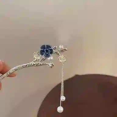 贯古今 植绒花朵 流苏新中式国潮盘发发钗复古高级感气质发饰 合金 发簪 女款