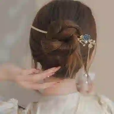 贯古今 植绒花朵 流苏新中式国潮盘发发钗复古高级感气质发饰 合金 发簪 女款