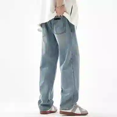 【dme】 纯色基础款水洗时尚简约直筒休闲长裤男款美式复古宽松日常通勤阔腿牛仔裤 男女同款 靛蓝色