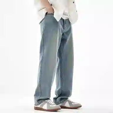 【dme】 纯色基础款水洗时尚简约直筒休闲长裤男款美式复古宽松日常通勤阔腿牛仔裤 男女同款 靛蓝色