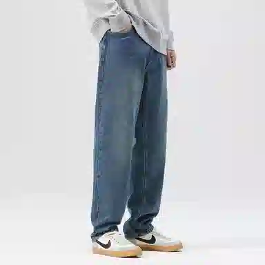 【dme】 时尚潮流宽松百搭垂感休闲舒适柔软复古阔腿显高显瘦直筒牛仔裤 男女同款 中蓝色