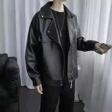 大卫贝肯 美式高街户外简约宽松翻领拉链长袖皮衣 男女同款 黑色