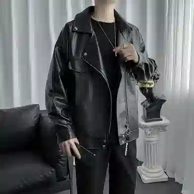 大卫贝肯 美式高街户外简约宽松翻领拉链长袖皮衣 男女同款 黑色