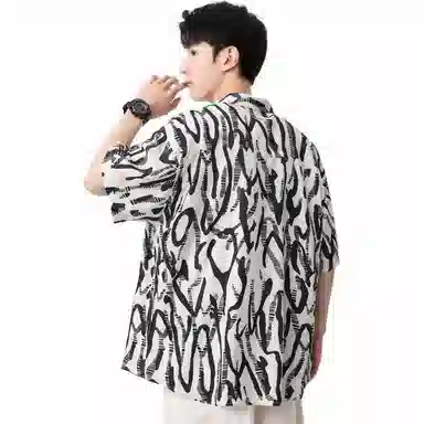 袋鼠 国风夏威夷满印花卉宽松休闲短袖衬衫 男女同款