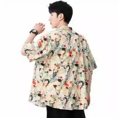 袋鼠 国风夏威夷满印花卉宽松休闲短袖衬衫 男女同款