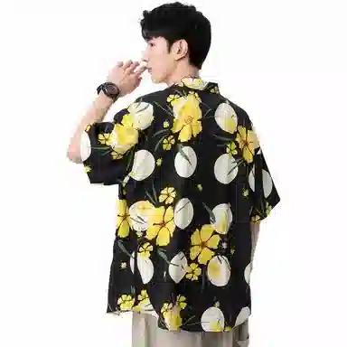 袋鼠 国风夏威夷满印花卉宽松休闲短袖衬衫 男女同款