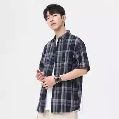 袋鼠 美式复古简约基础百搭宽松休闲拼接撞色慵懒格子格纹短袖衬衫 男女同款