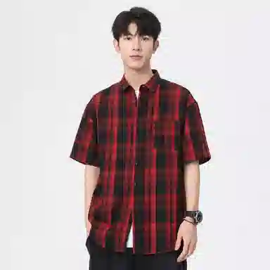 袋鼠 美式复古简约基础百搭宽松休闲拼接撞色慵懒格子格纹短袖衬衫 男女同款