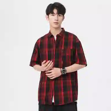 袋鼠 美式复古简约基础百搭宽松休闲拼接撞色慵懒格子格纹短袖衬衫 男女同款