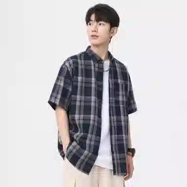 袋鼠 美式复古简约基础百搭宽松休闲拼接撞色慵懒格子格纹短袖衬衫 男女同款