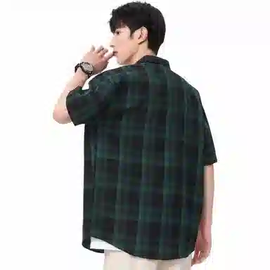 袋鼠 美式复古简约基础百搭宽松休闲拼接撞色慵懒格子格纹短袖衬衫 男女同款
