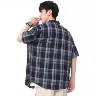 袋鼠 美式复古简约基础百搭宽松休闲拼接撞色慵懒格子格纹短袖衬衫 男女同款