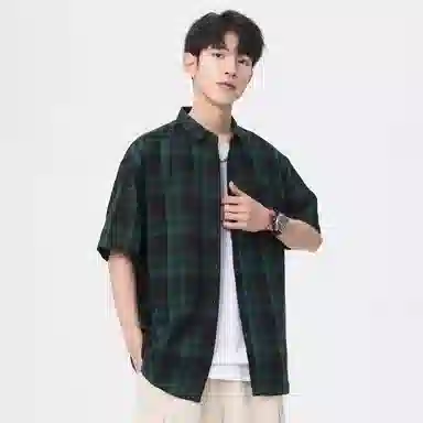 袋鼠 美式复古简约基础百搭宽松休闲拼接撞色慵懒格子格纹短袖衬衫 男女同款