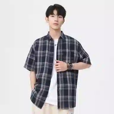 袋鼠 美式复古简约基础百搭宽松休闲拼接撞色慵懒格子格纹短袖衬衫 男女同款