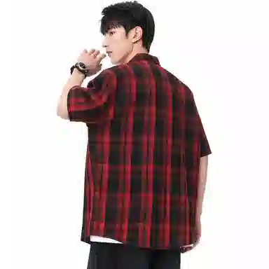 袋鼠 美式复古简约基础百搭宽松休闲拼接撞色慵懒格子格纹短袖衬衫 男女同款