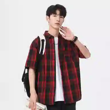 袋鼠 美式复古简约基础百搭宽松休闲拼接撞色慵懒格子格纹短袖衬衫 男女同款