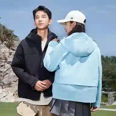 鸭鸭 山系户外露营宽松短款休闲时尚连帽防风纯色长袖夹克外套 男女同款