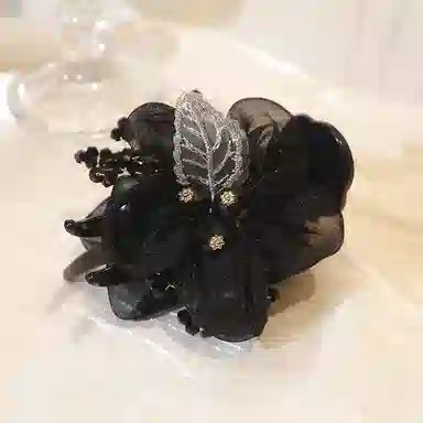 沂茹 文艺森系简约优雅气质甜美黑色花朵串珠雪纺盘发时尚日常百搭温柔甜美温柔 布艺 发夹 女款