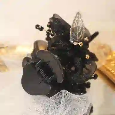 沂茹 文艺森系简约优雅气质甜美黑色花朵串珠雪纺盘发时尚日常百搭温柔甜美温柔 布艺 发夹 女款