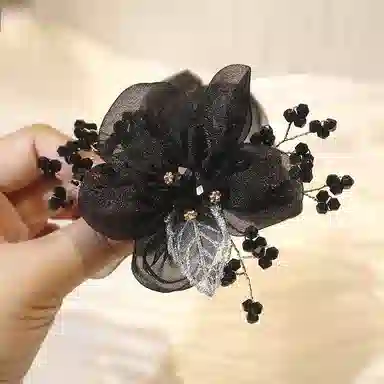 沂茹 文艺森系简约优雅气质甜美黑色花朵串珠雪纺盘发时尚日常百搭温柔甜美温柔 布艺 发夹 女款
