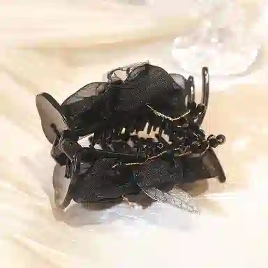 沂茹 文艺森系简约优雅气质甜美黑色花朵串珠雪纺盘发时尚日常百搭温柔甜美温柔 布艺 发夹 女款