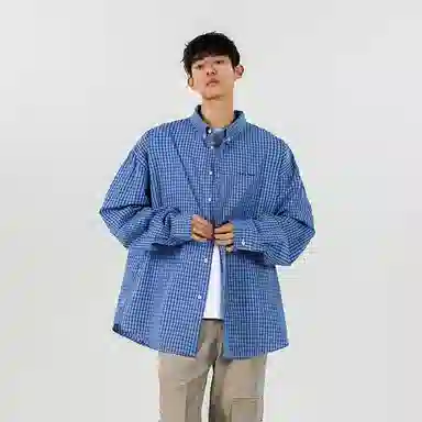KEIRANDUN Retro Plaid Shirt Blue
